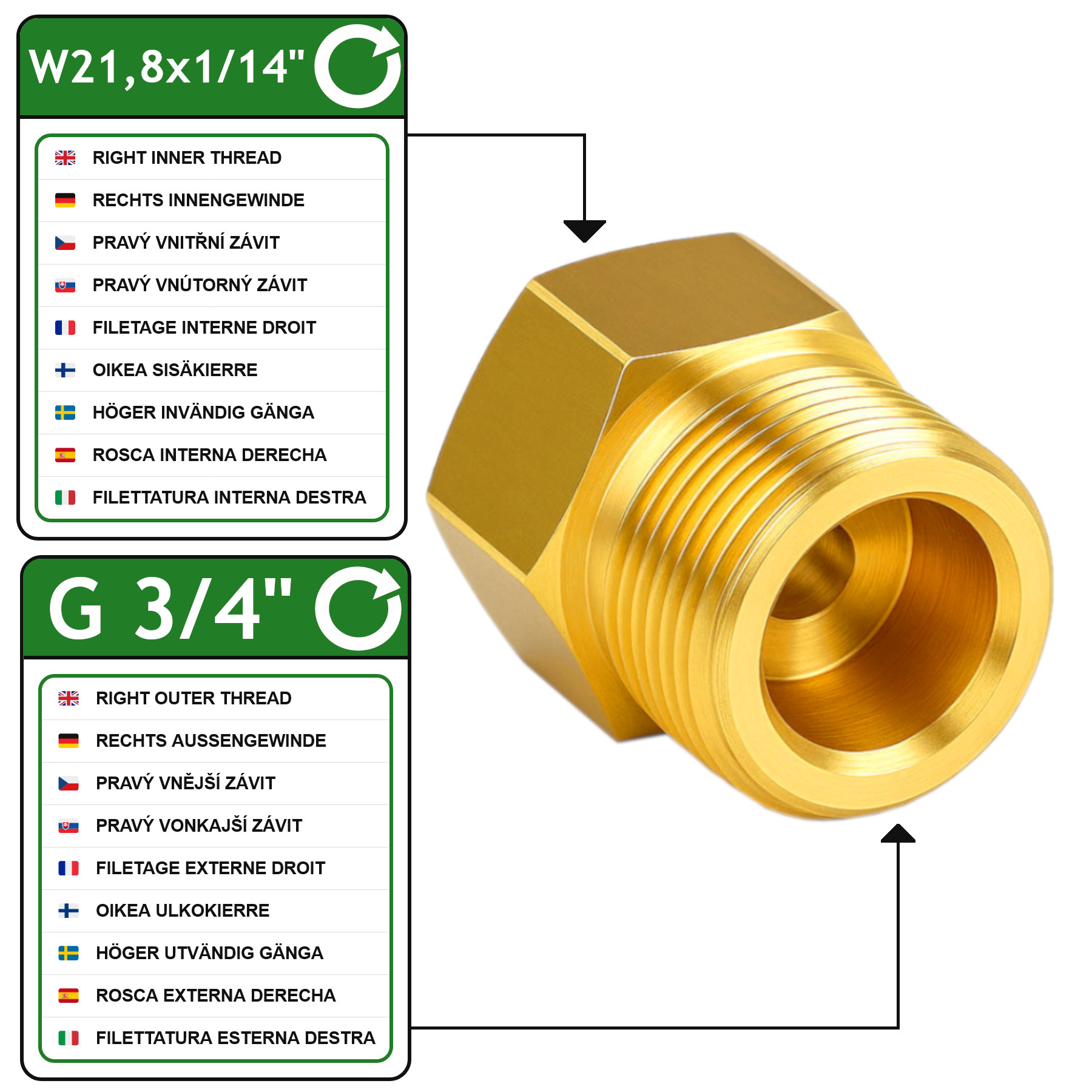 Reduzierung W21,8x1/14" IG auf 3/4" AG – Messing VOGELMANN